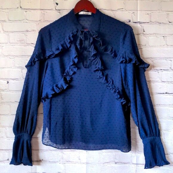 Midnight Blue Ruffled Top w/ Pleated Sleeve M - Picture 2 of 12